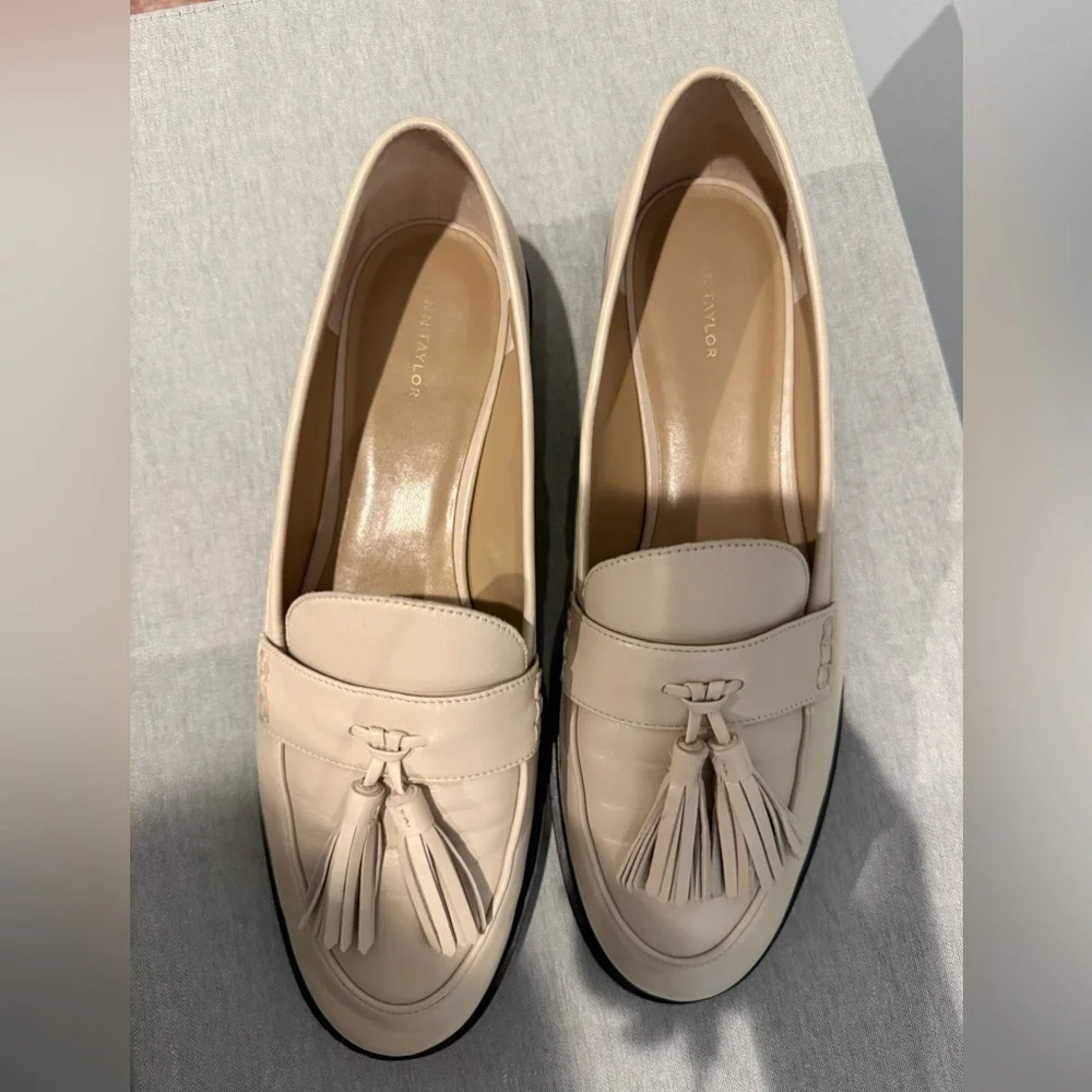 Beige Leather Tassel Loafers - Picture 4 of 9
